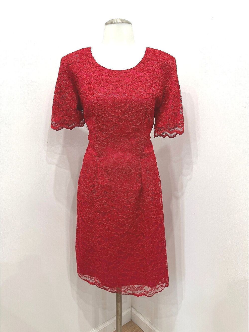Vintage 80s 90s Red Lace Short Sleeve Sheath Dress My Michelle Size 10